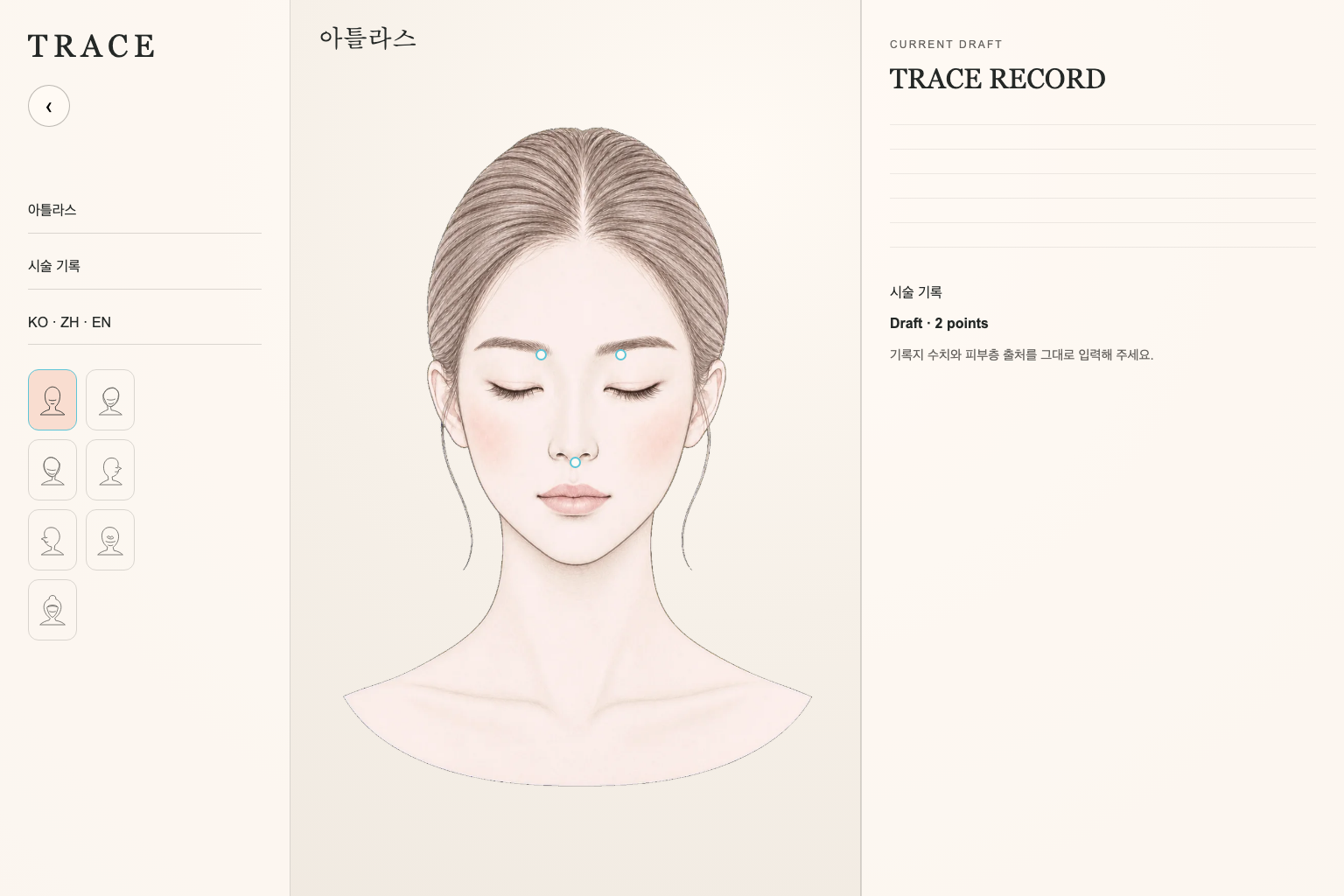 얼굴 아틀라스에서 시술 위치를 고르고 기록 초안을 작성하는 TRACE 개발 화면